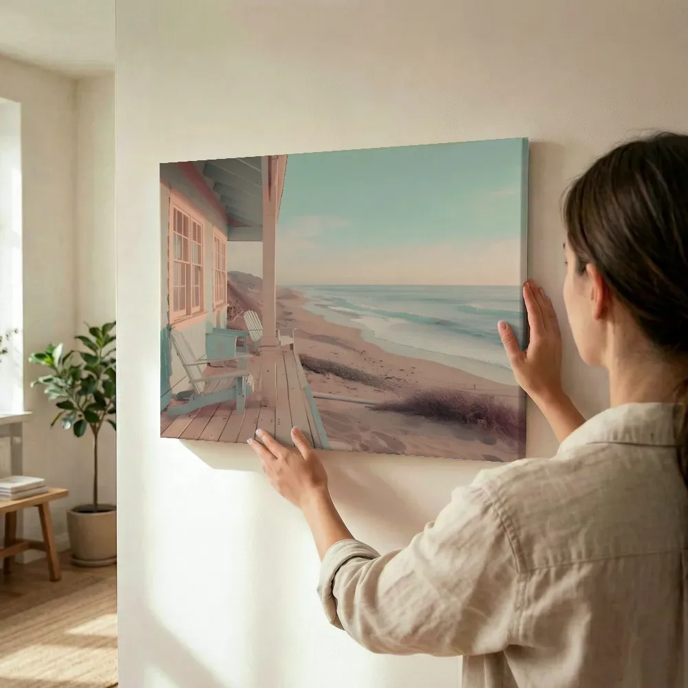 Sfeerimpressie: Strandhuis veranda met zeezicht terwijl het wordt opgehangen