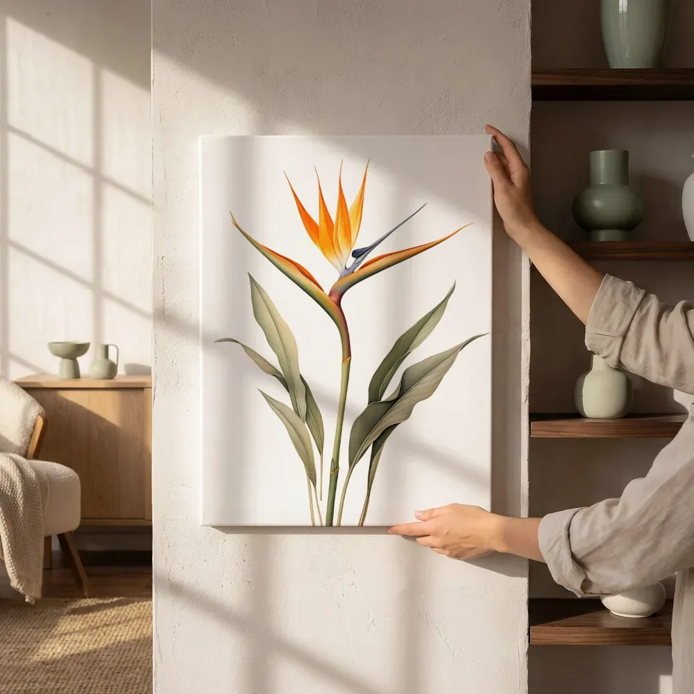 Sfeerimpressie: Strelitzia paradijsvogelbloem naast de kast