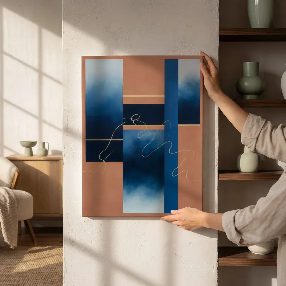 Sfeerimpressie: Strepen Geometric Earth in middernachtindigo 2 naast de kast