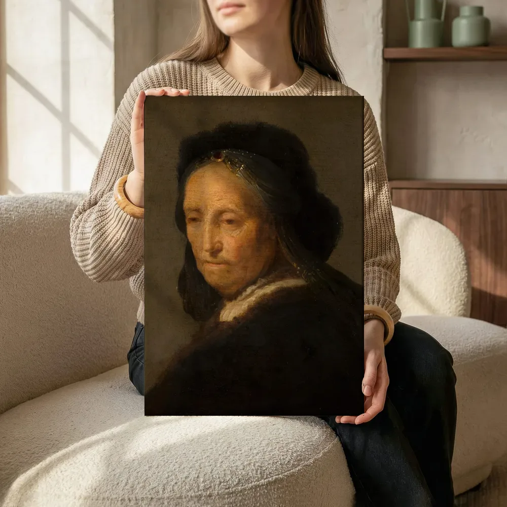 Sfeerimpressie: Studie van een oude vrouw ('Rembrandts moeder') van Rembrandt terwijl het zittend wordt getoond