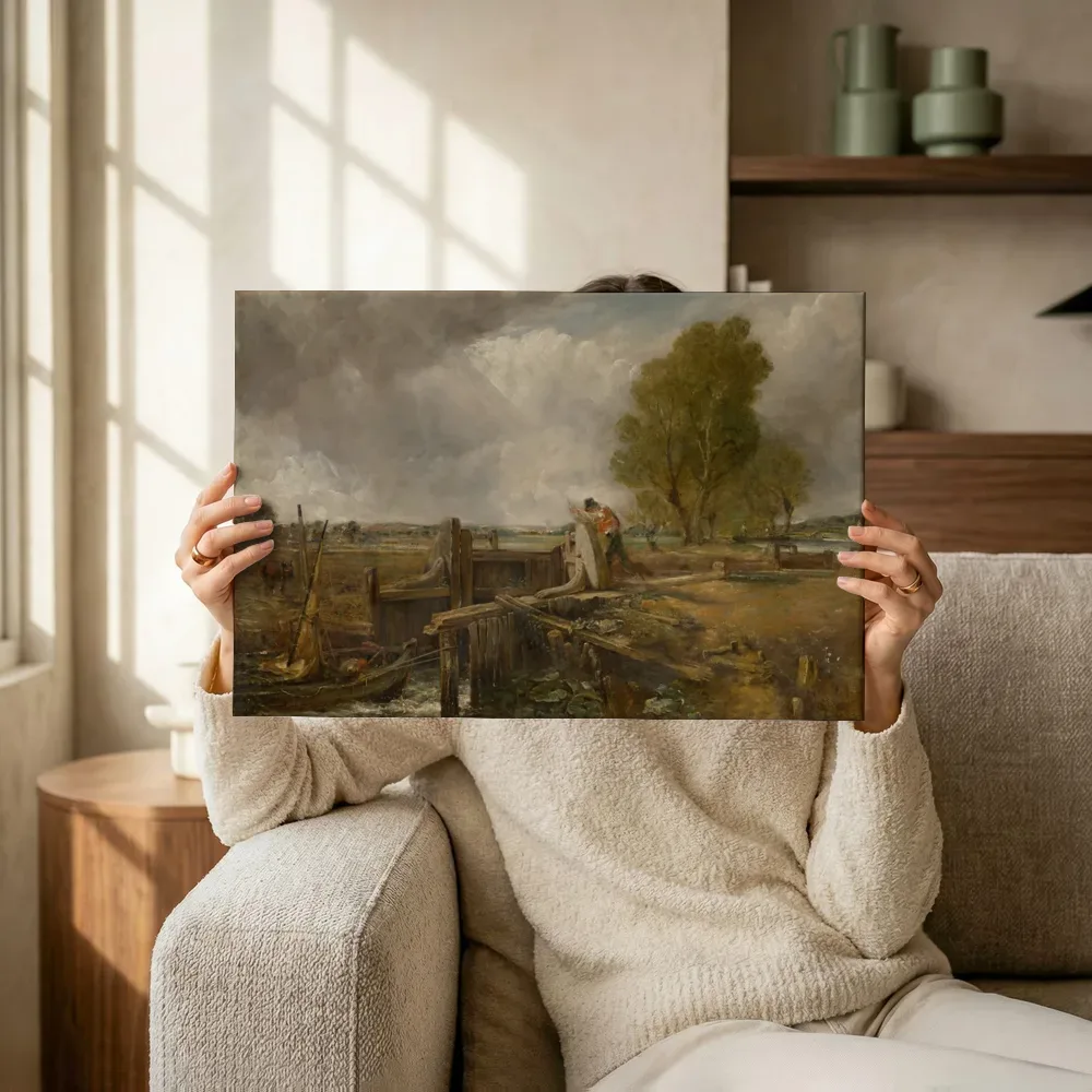 Sfeerimpressie: Studie van een boot die een sluis passeert van John Constable terwijl het omhoog wordt gehouden