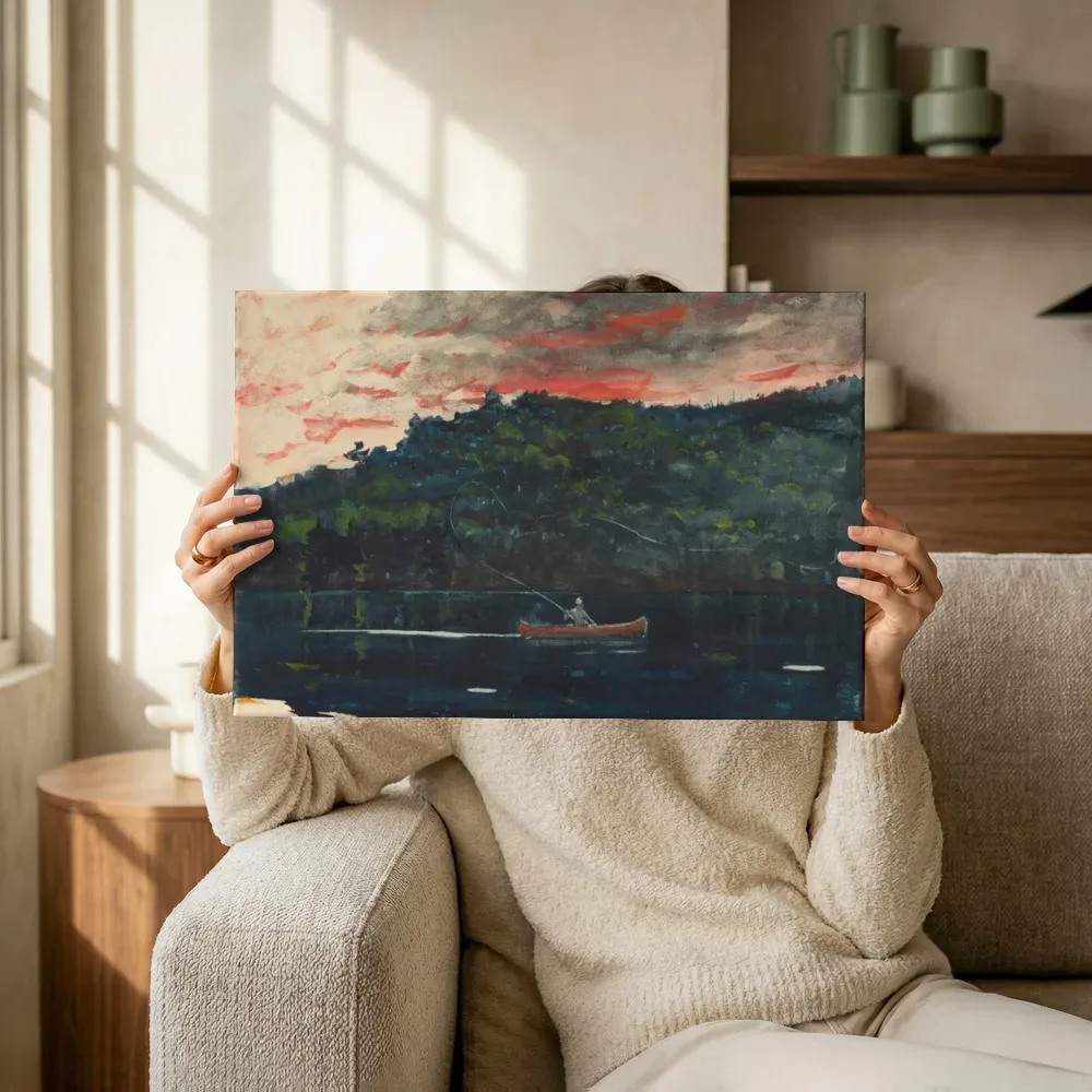 Sfeerimpressie: Zonsopgang, vissen in de Adirondacks van Winslow Homer terwijl het omhoog wordt gehouden
