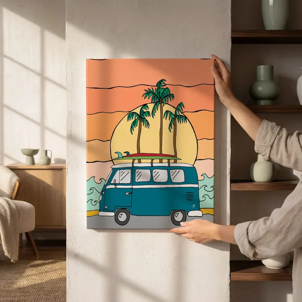 Sfeerimpressie: Surfbusje bij zonsondergang naast de kast