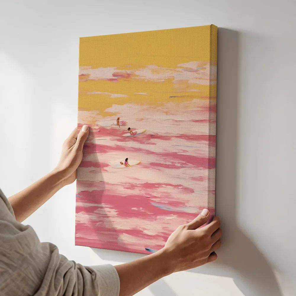 Sfeerimpressie: Surfers in roze golven terwijl het aan de muur wordt gehangen
