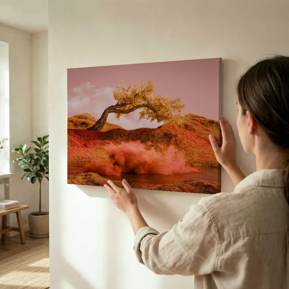 Sfeerimpressie: Surrealistisch rode boomlandschap met mistwolk terwijl het wordt opgehangen