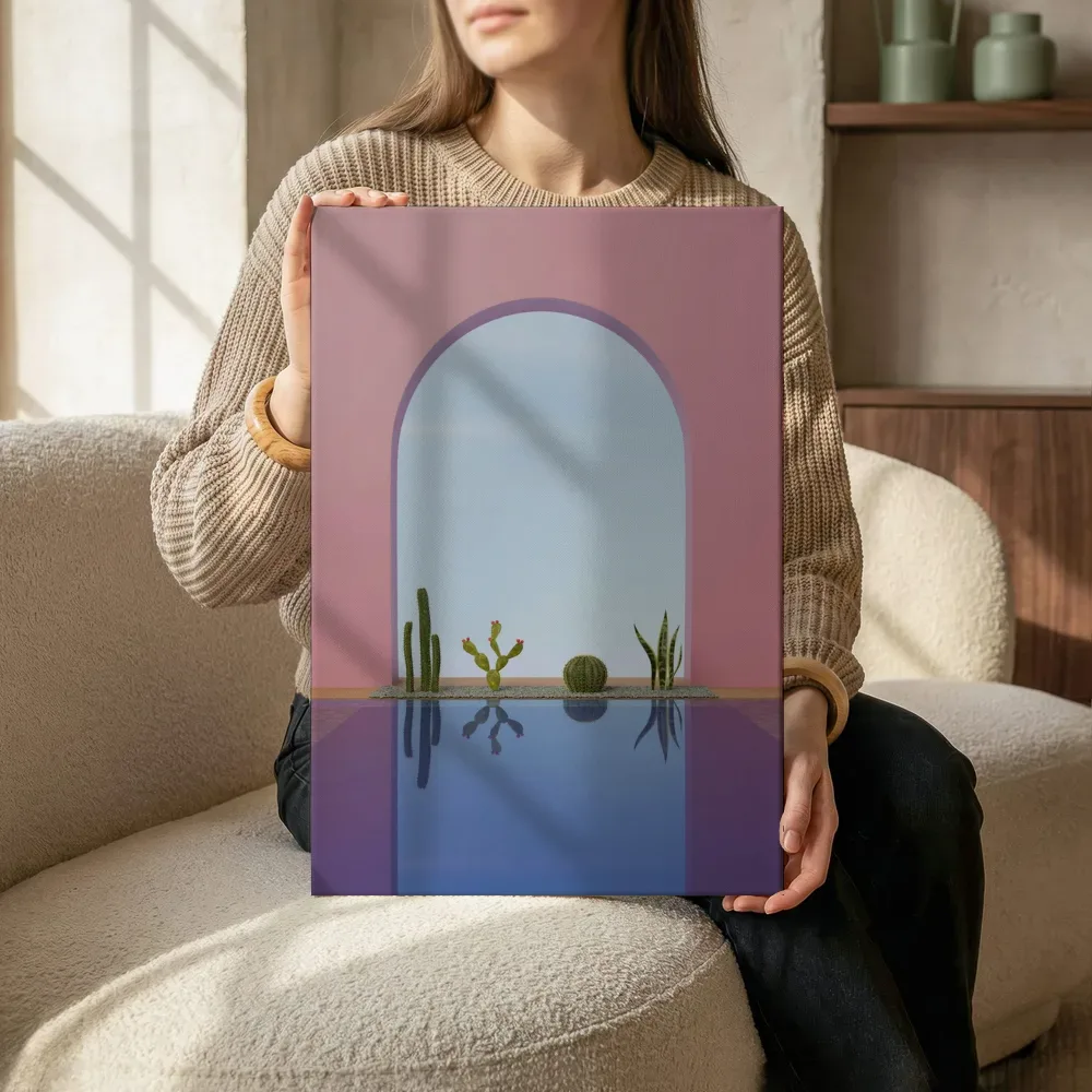 Sfeerimpressie: Surrealistisch tafereel met cactussen en roze boog terwijl het zittend wordt getoond