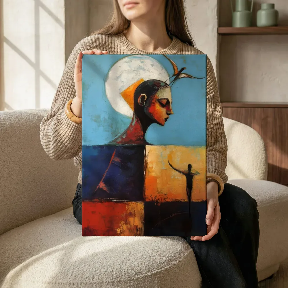Sfeerimpressie: Portret met vogel en maan terwijl het zittend wordt getoond