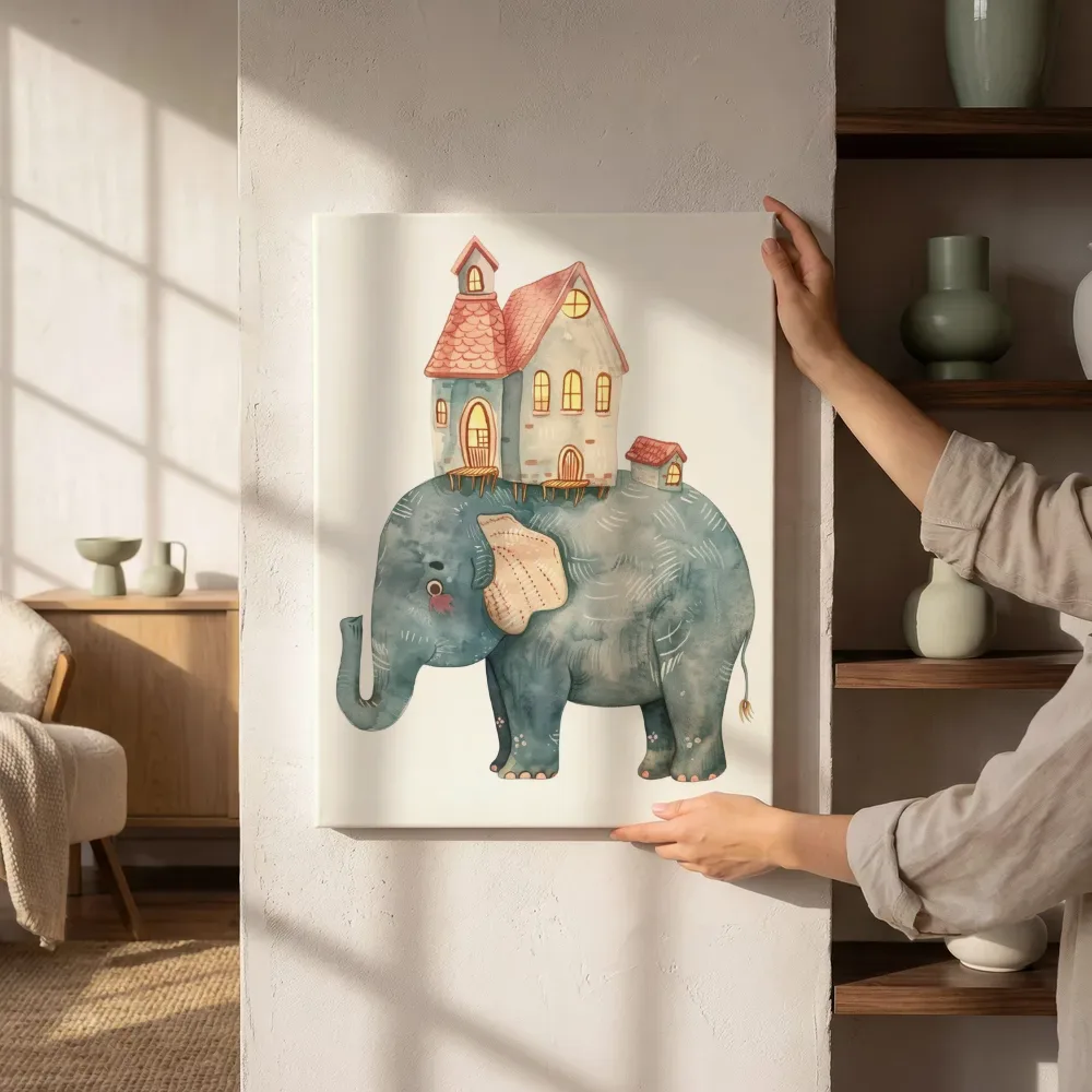 Sfeerimpressie: Olifant met huisjes op de rug naast de kast