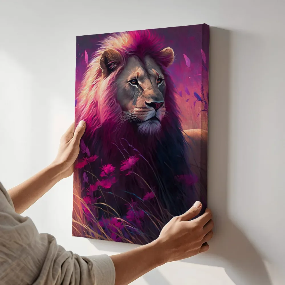 Sfeerimpressie: Surrealistische roze leeuw terwijl het aan de muur wordt gehangen