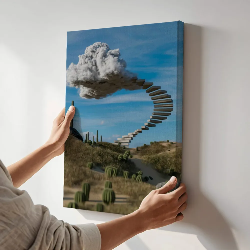Sfeerimpressie: Surrealistische trap naar de wolken terwijl het aan de muur wordt gehangen