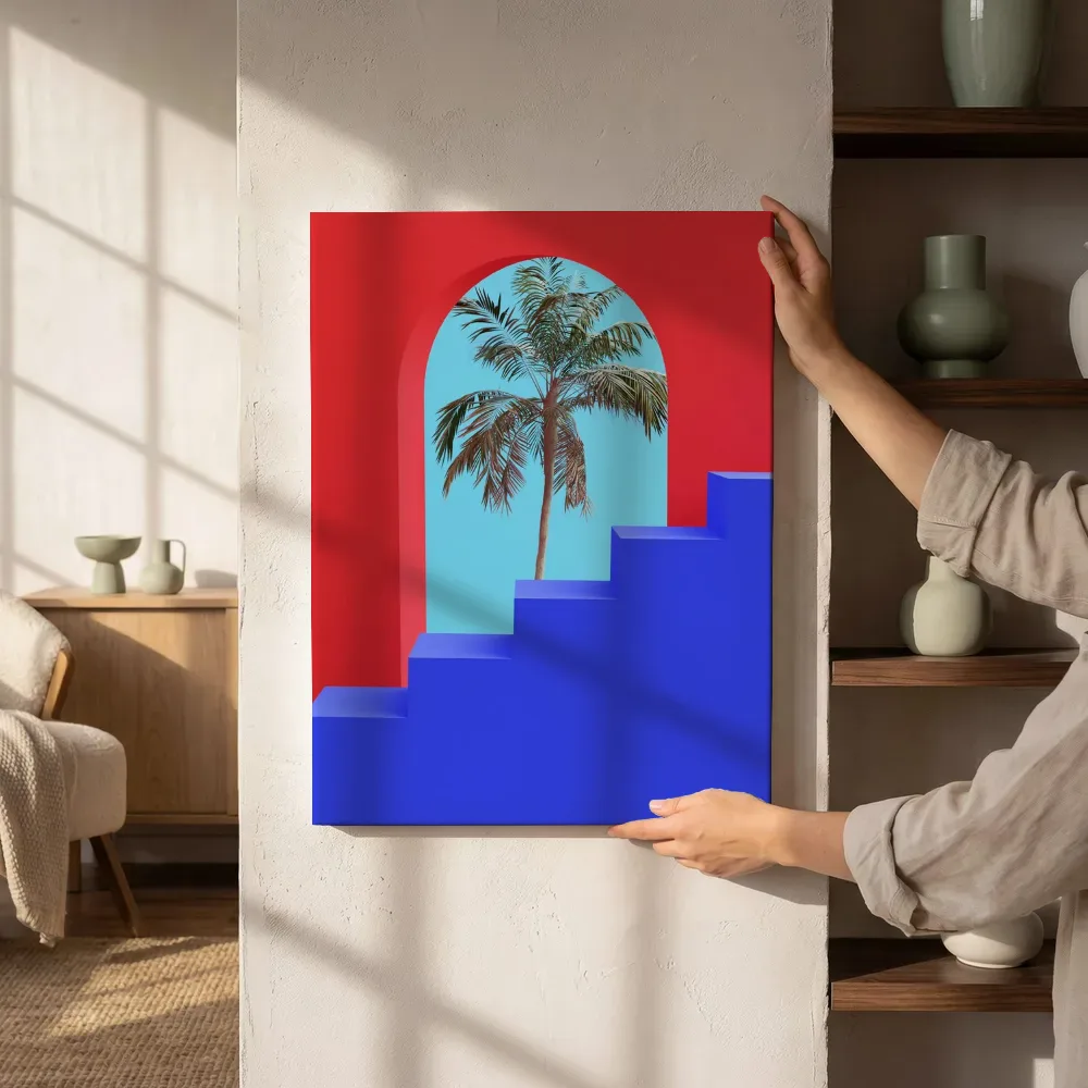 Sfeerimpressie: Surrealistische trap met palmboom in rood en blauw naast de kast
