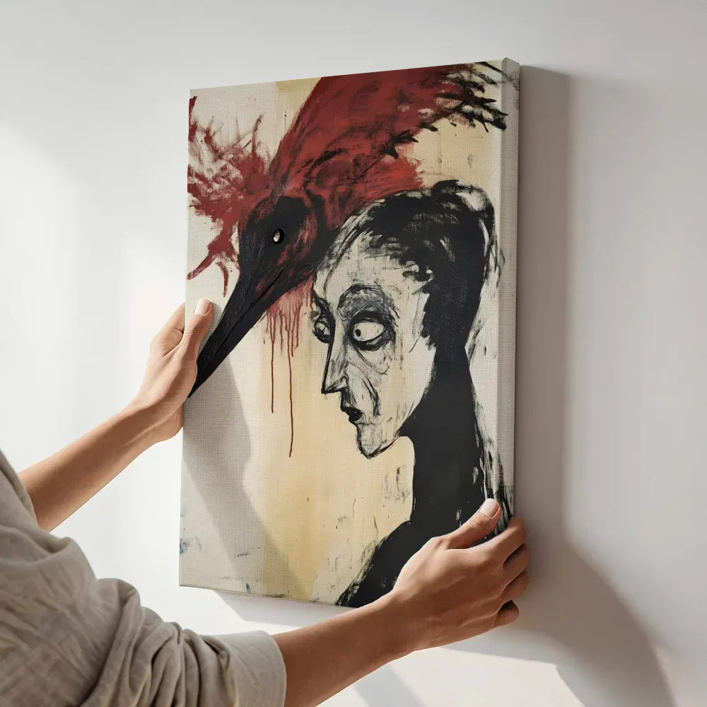 Sfeerimpressie: Surrealistische vogel met gezicht terwijl het aan de muur wordt gehangen
