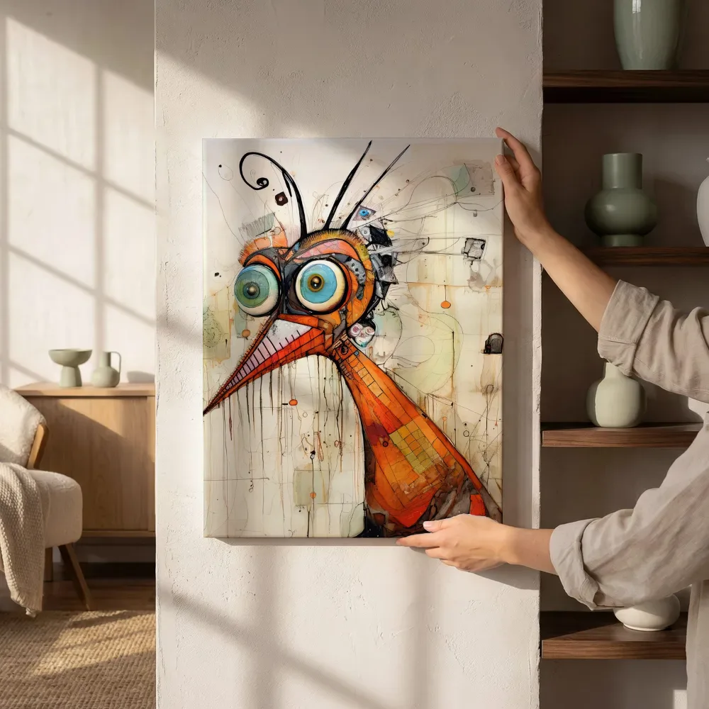 Sfeerimpressie: Surrealistische vogel met lange snavel terwijl het aan de muur wordt gehangen