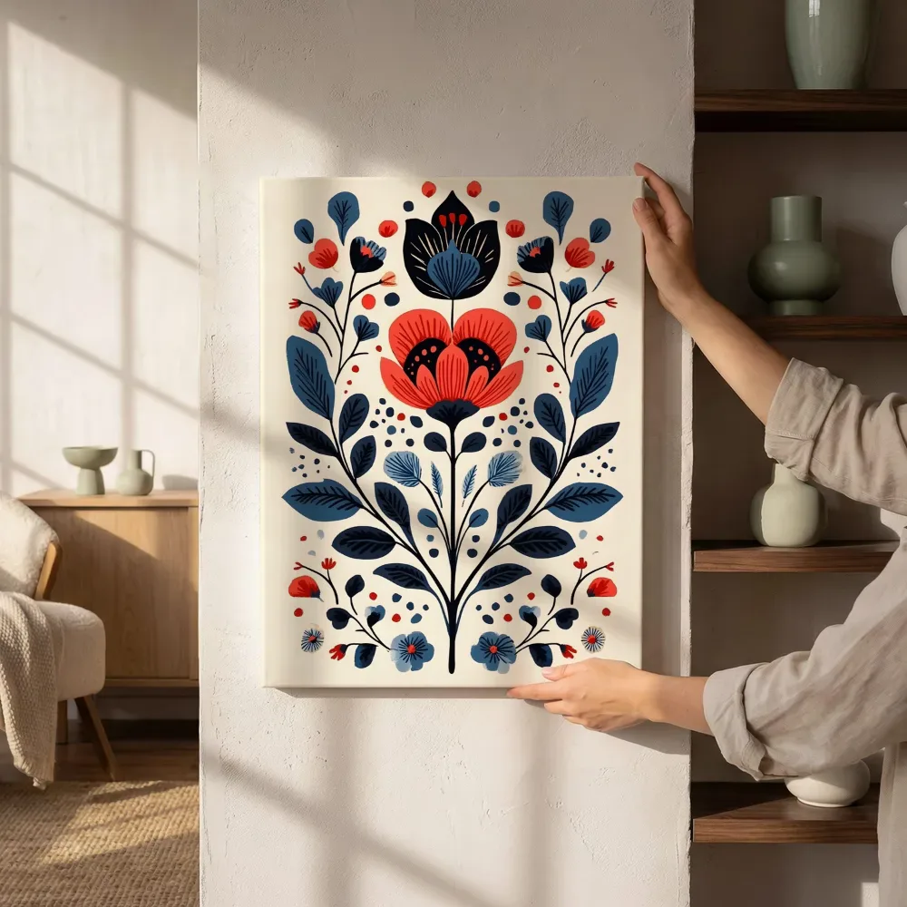 Sfeerimpressie: Symmetrisch bloemmotief in rood en blauw naast de kast