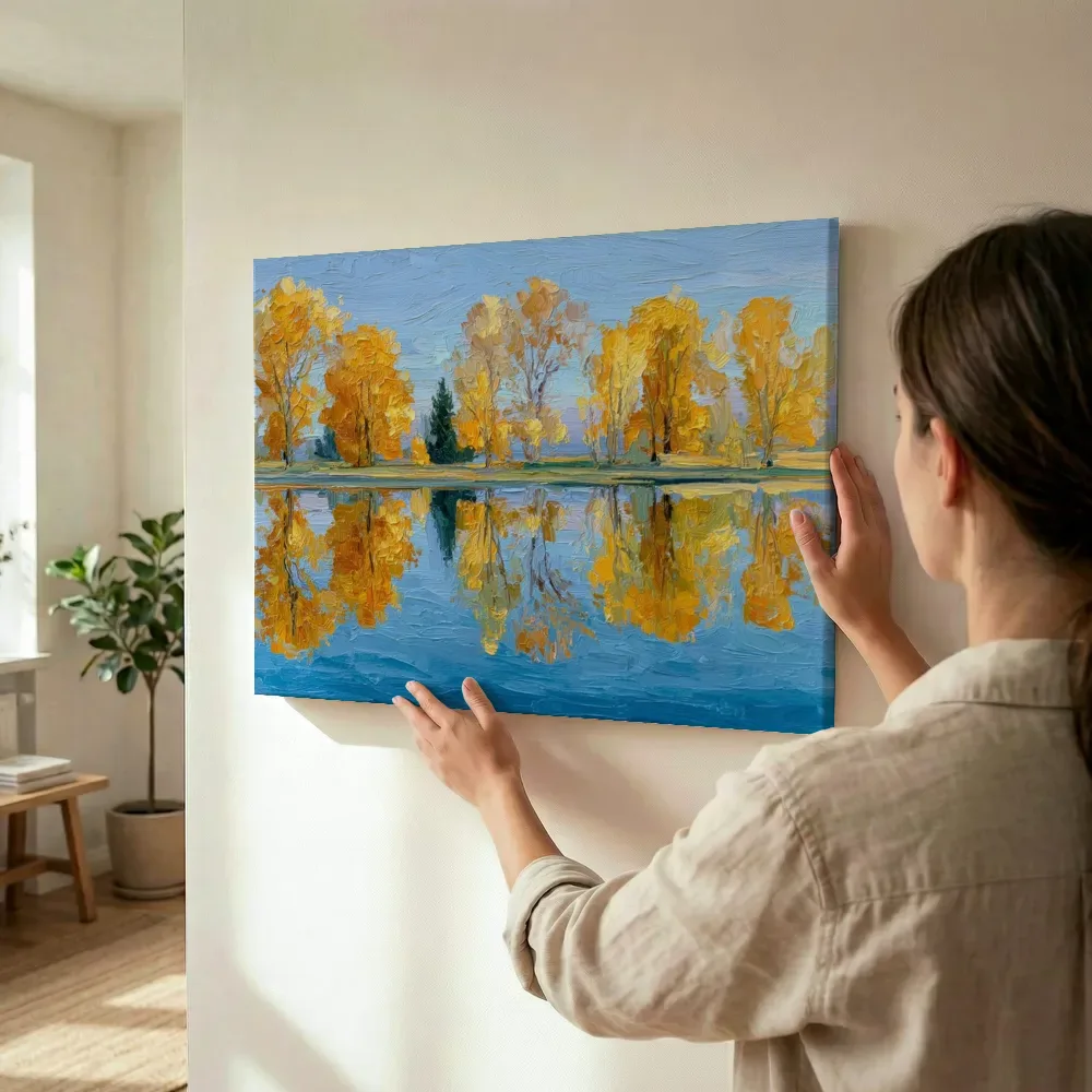 Sfeerimpressie: Symmetrische laan van gouden bomen in water terwijl het wordt opgehangen