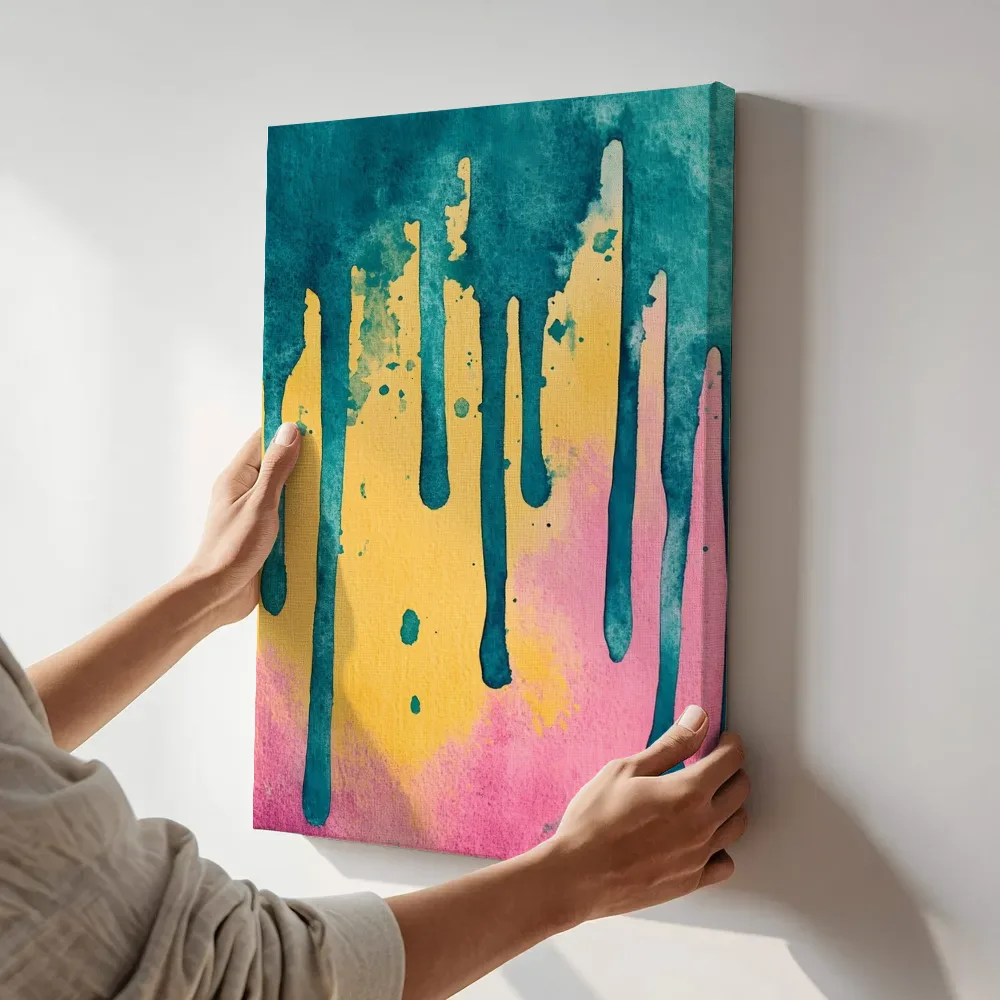 Sfeerimpressie: Teal geel roze drip terwijl het aan de muur wordt gehangen