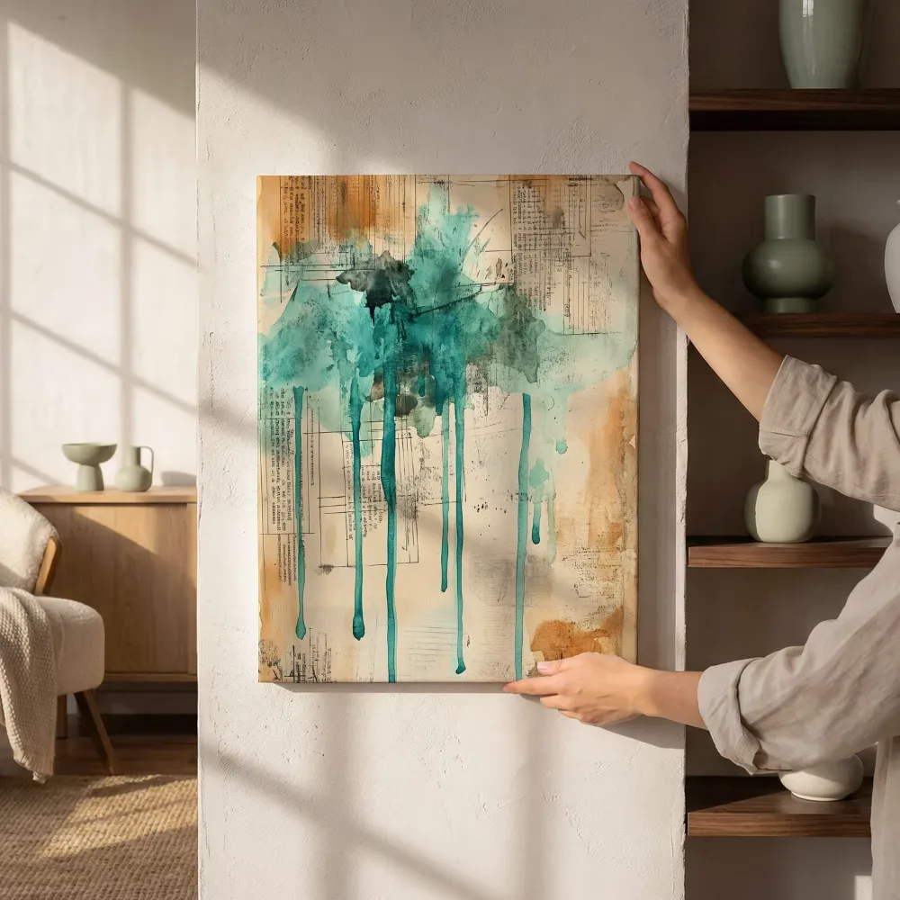 Sfeerimpressie: Teal inktvlek collage naast de kast