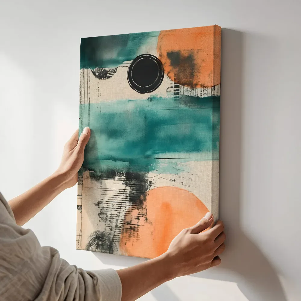 Sfeerimpressie: Teal oranje cirkels collage terwijl het aan de muur wordt gehangen