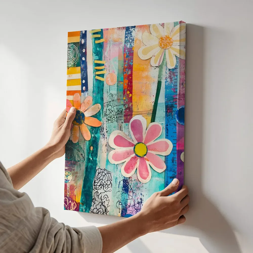 Sfeerimpressie: Teal strepen bloemen terwijl het aan de muur wordt gehangen