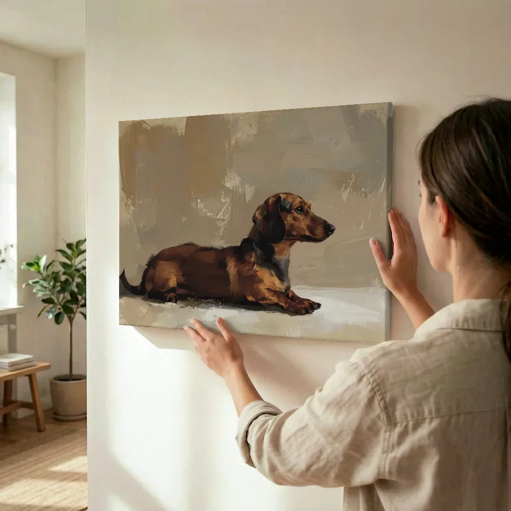Sfeerimpressie: Teckel portret terwijl het wordt opgehangen