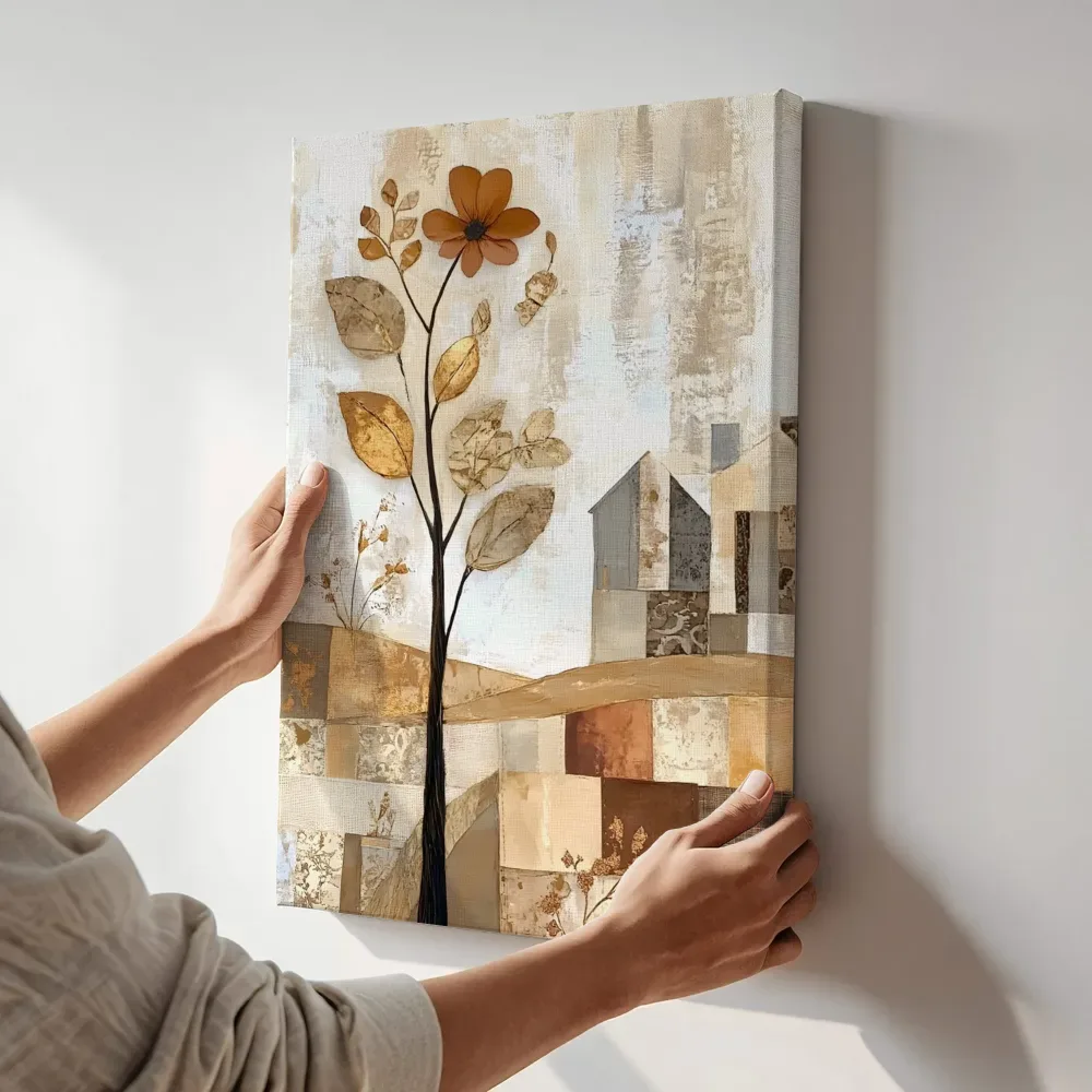 Sfeerimpressie: Terracotta bloem met landelijk tafereel terwijl het aan de muur wordt gehangen