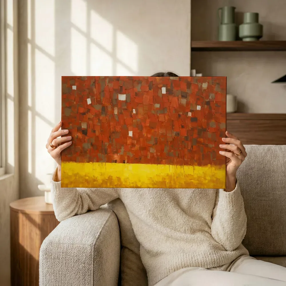 Sfeerimpressie: Terracotta en citroengeel met lage gloed terwijl het omhoog wordt gehouden