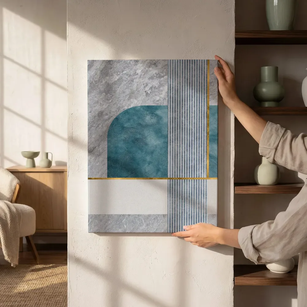 Sfeerimpressie: Terrazzo boog in teal en grijs met goud naast de kast