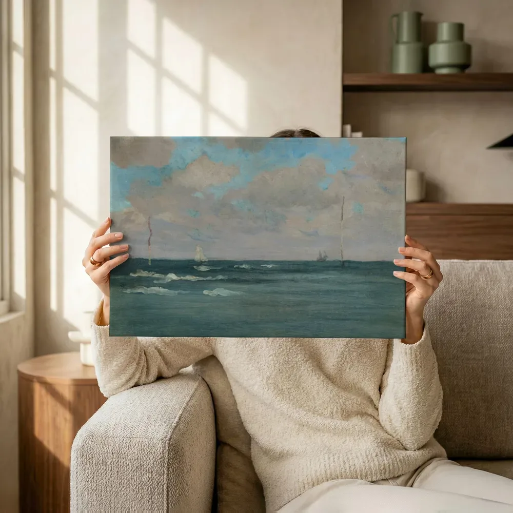 Sfeerimpressie: De badpalen, Bretagne van James McNeill Whistler terwijl het omhoog wordt gehouden