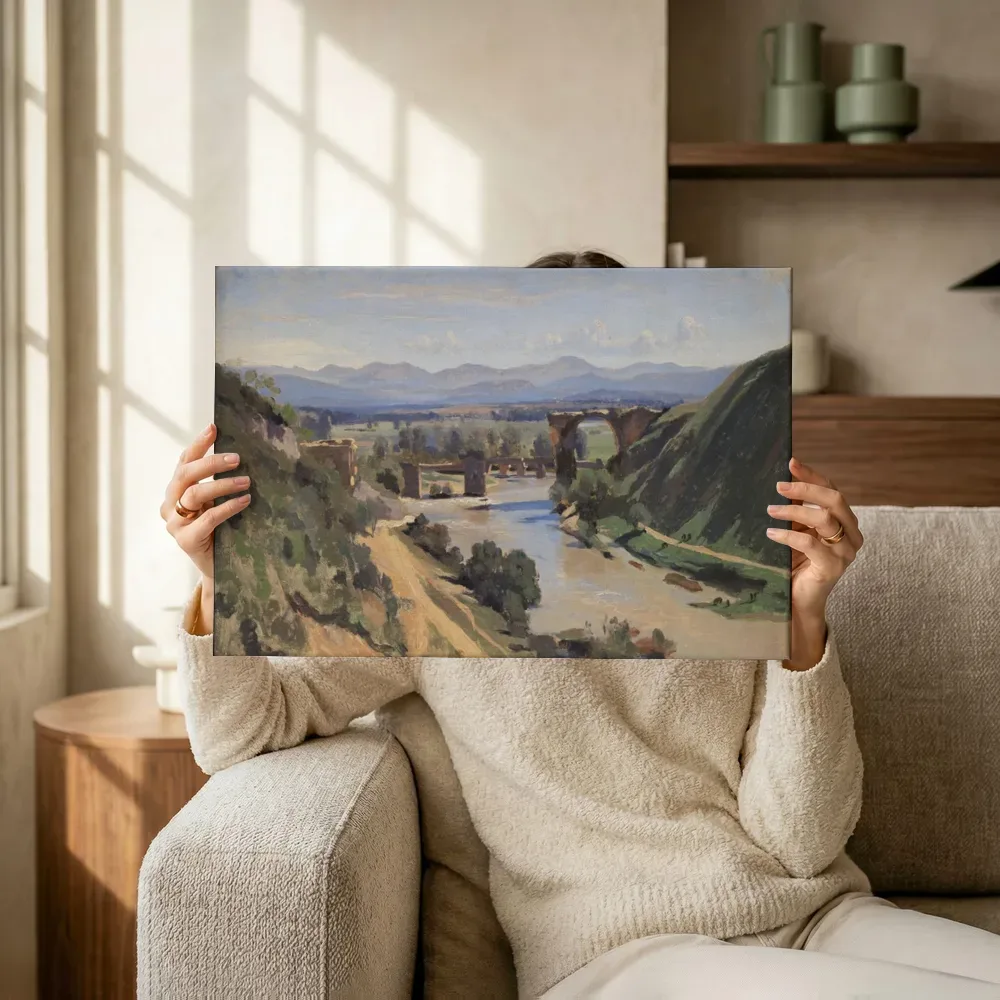 Sfeerimpressie: De brug bij Narni van Jean-Baptiste Camille Corot terwijl het omhoog wordt gehouden