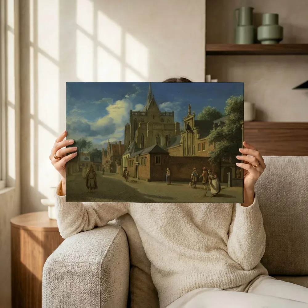 Sfeerimpressie: De Dom en de Domhof, Keulen van Jan van der Heyden terwijl het omhoog wordt gehouden