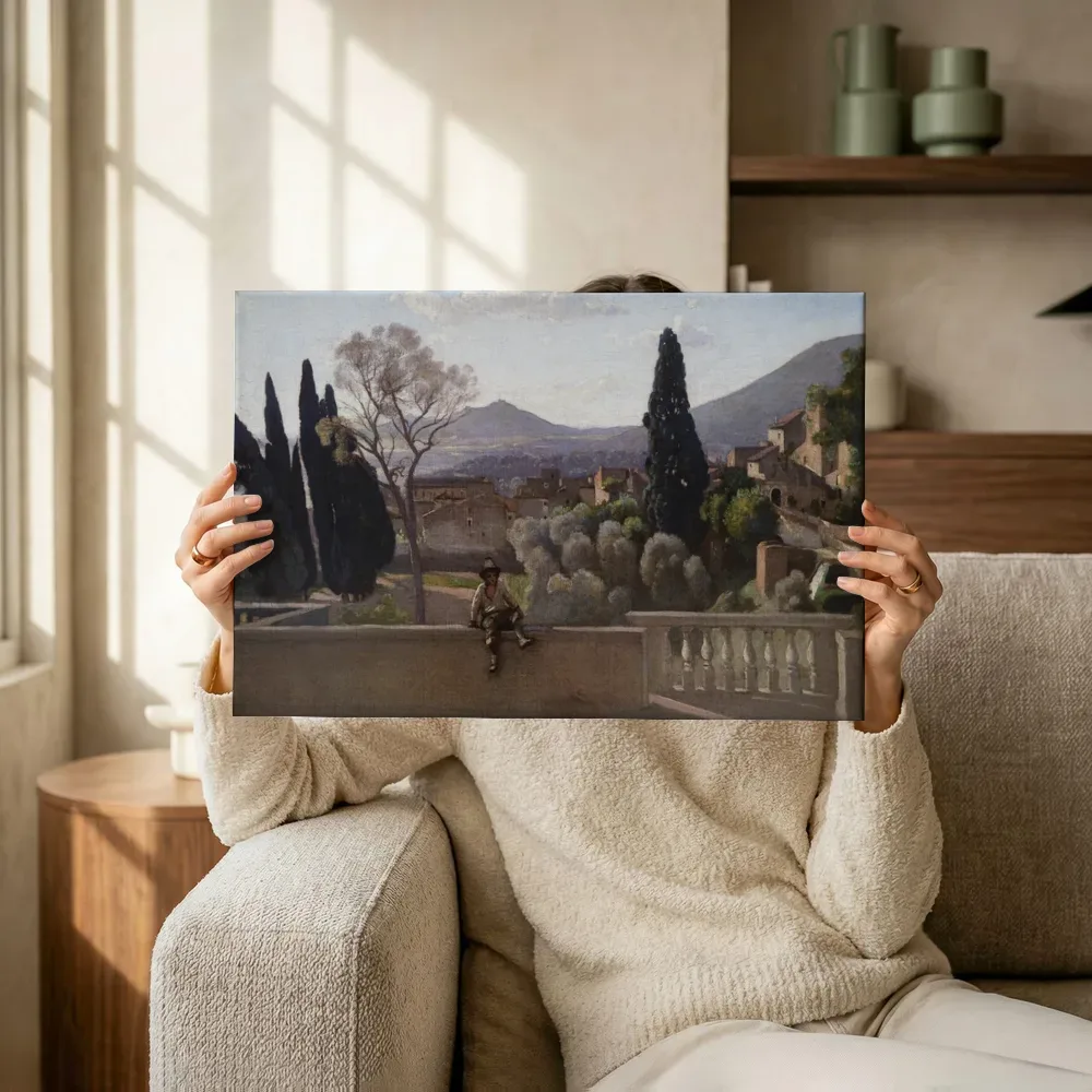 Sfeerimpressie: De tuinen van de Villa d'Este in Tivoli van Jean-Baptiste Camille Corot terwijl het omhoog wordt gehouden