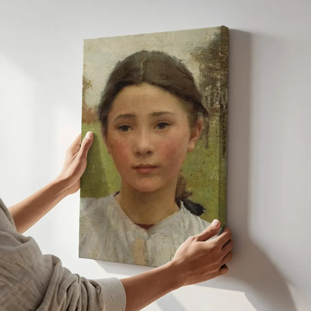 Sfeerimpressie: Het hoofd van een jong meisje van George Clausen terwijl het aan de muur wordt gehangen