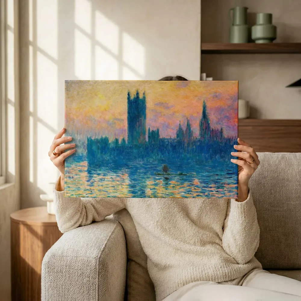 Sfeerimpressie: Het parlementsgebouw, zonsondergang van Claude Monet terwijl het omhoog wordt gehouden
