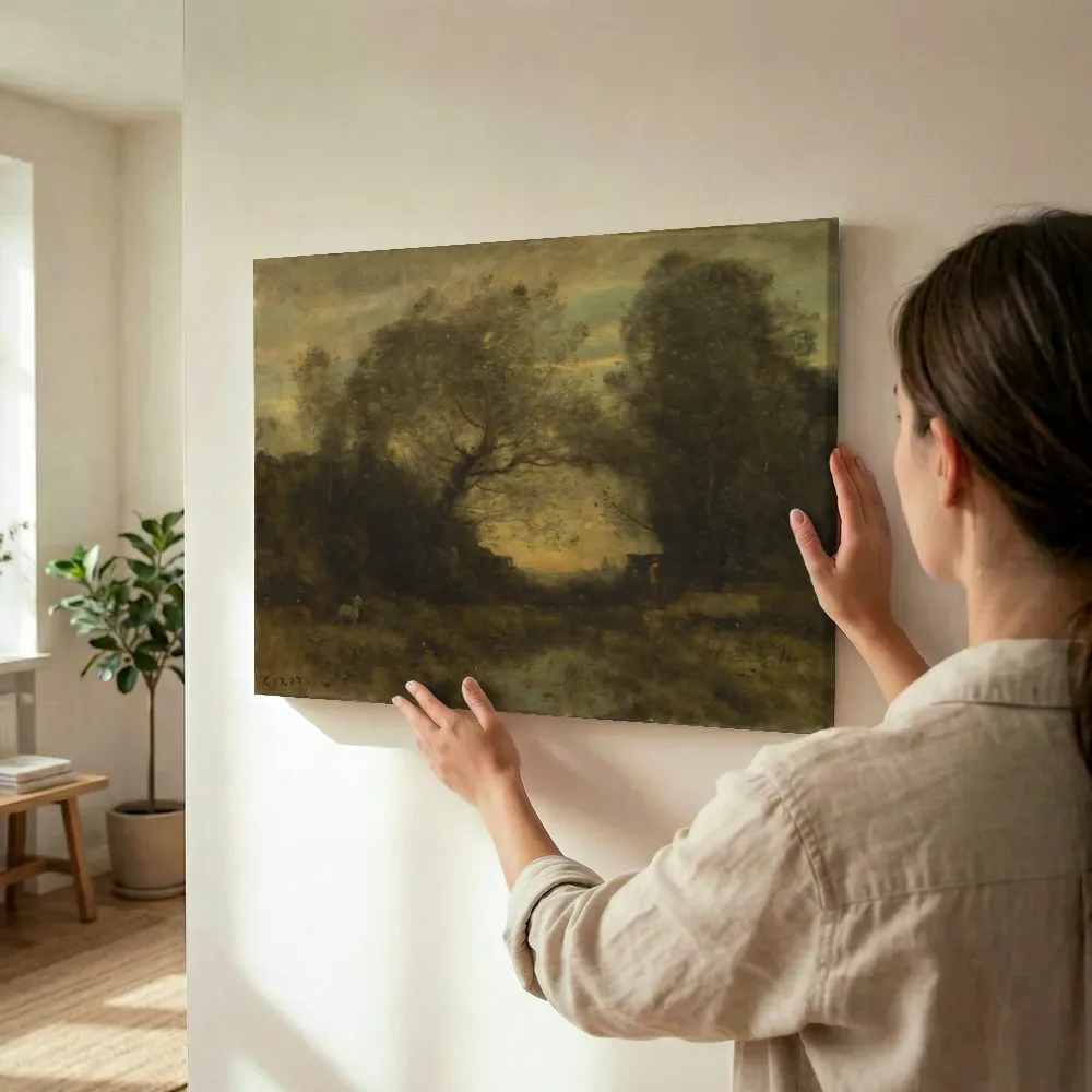 Sfeerimpressie: De vijver bij de ingang van het bos van Jean-Baptiste-Camille Corot terwijl het wordt opgehangen