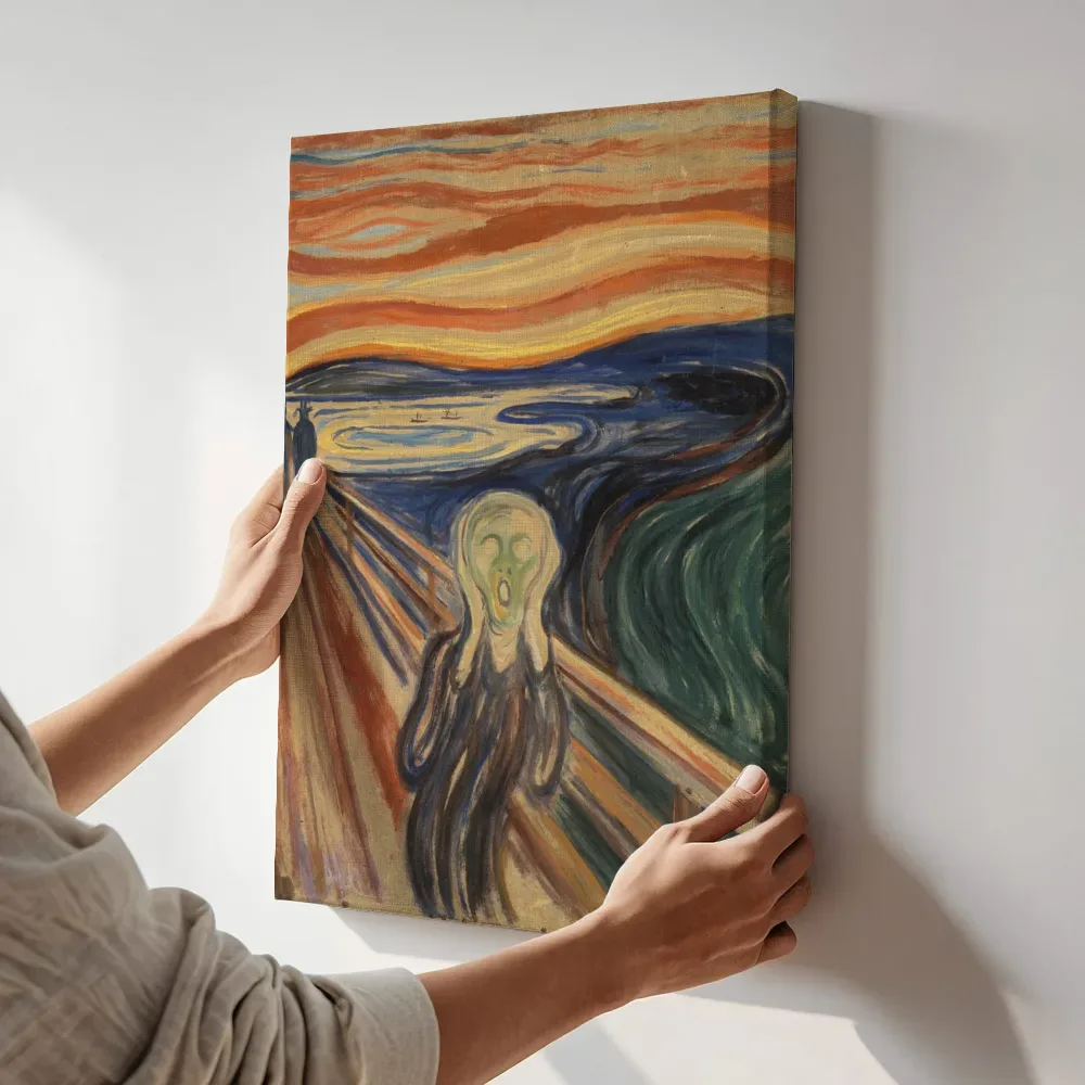 Sfeerimpressie: De schreeuw van Edvard Munch terwijl het aan de muur wordt gehangen