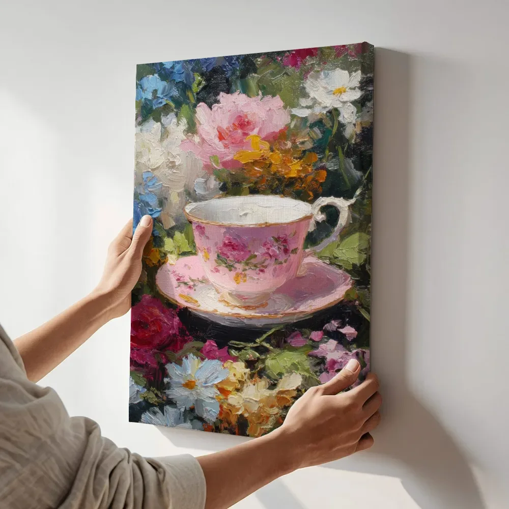 Sfeerimpressie: Theekopje tussen tuinbloemen terwijl het aan de muur wordt gehangen