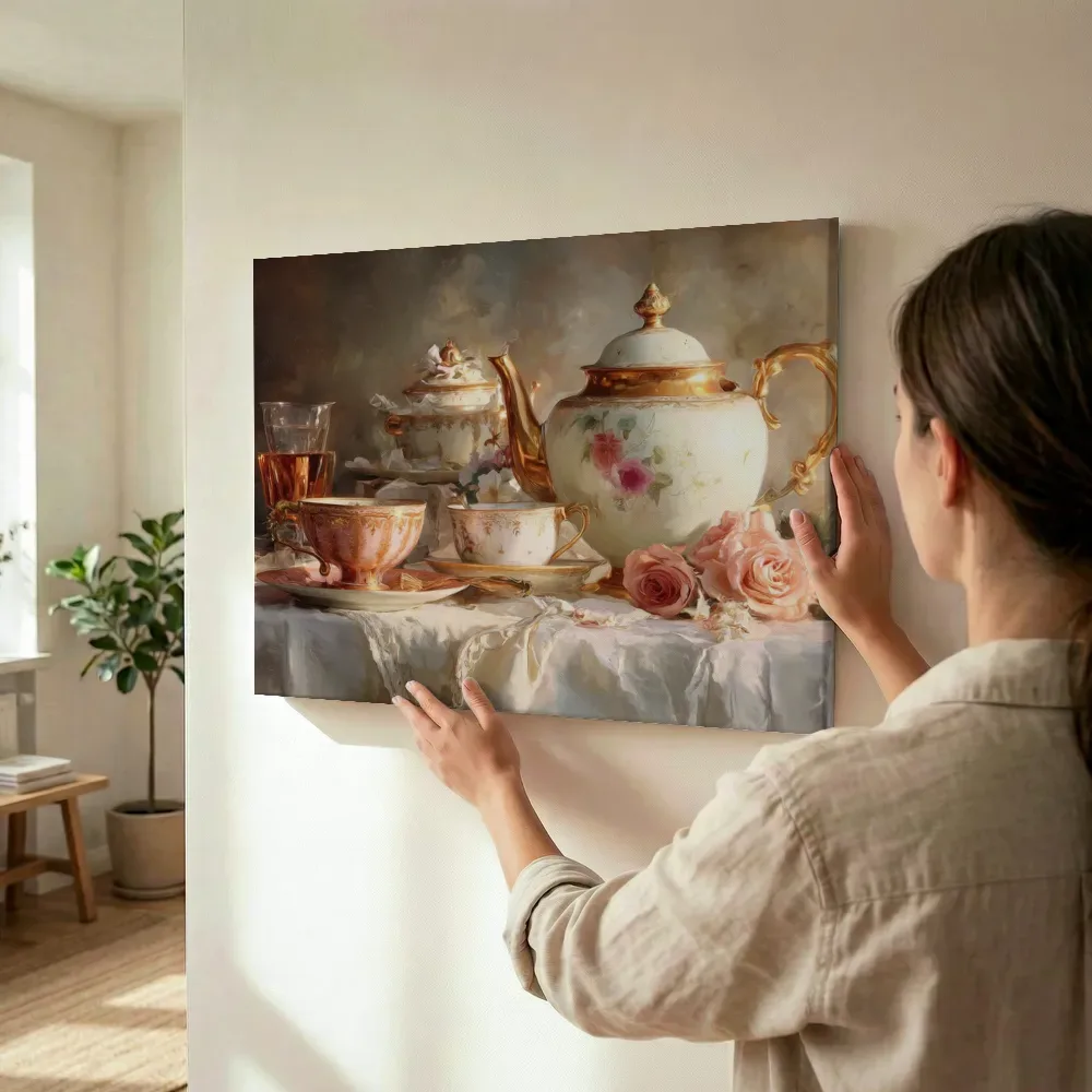 Sfeerimpressie: Theepot met rozenmotief terwijl het wordt opgehangen