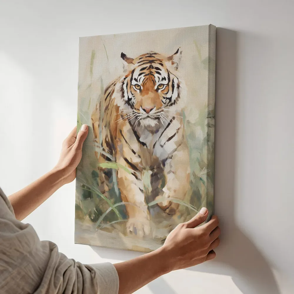 Sfeerimpressie: Tijger in het gras terwijl het aan de muur wordt gehangen
