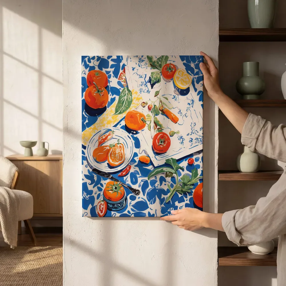 Sfeerimpressie: Tomaten op delfts blauw linnen naast de kast
