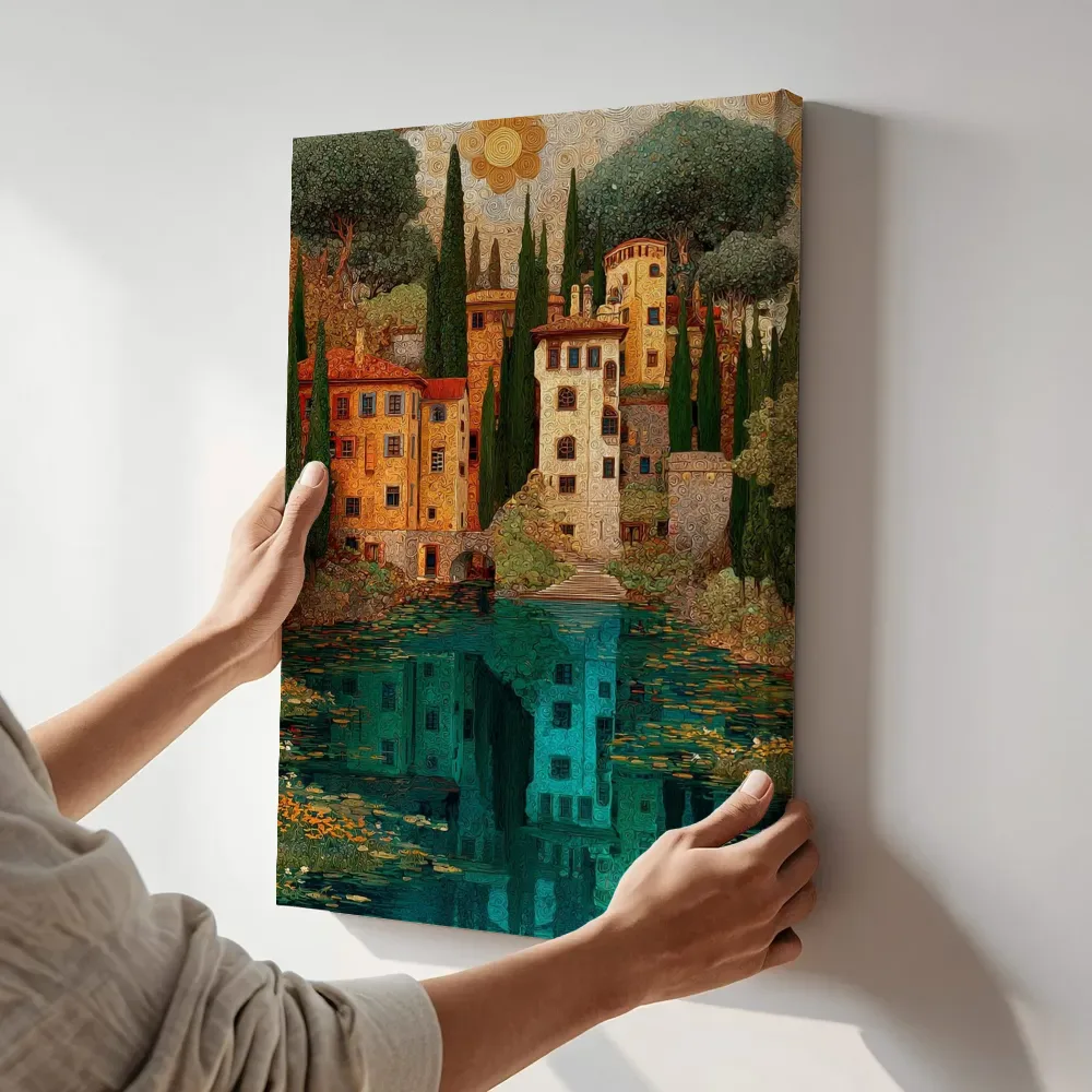 Sfeerimpressie: Toscaanse villa aan de vijver terwijl het aan de muur wordt gehangen