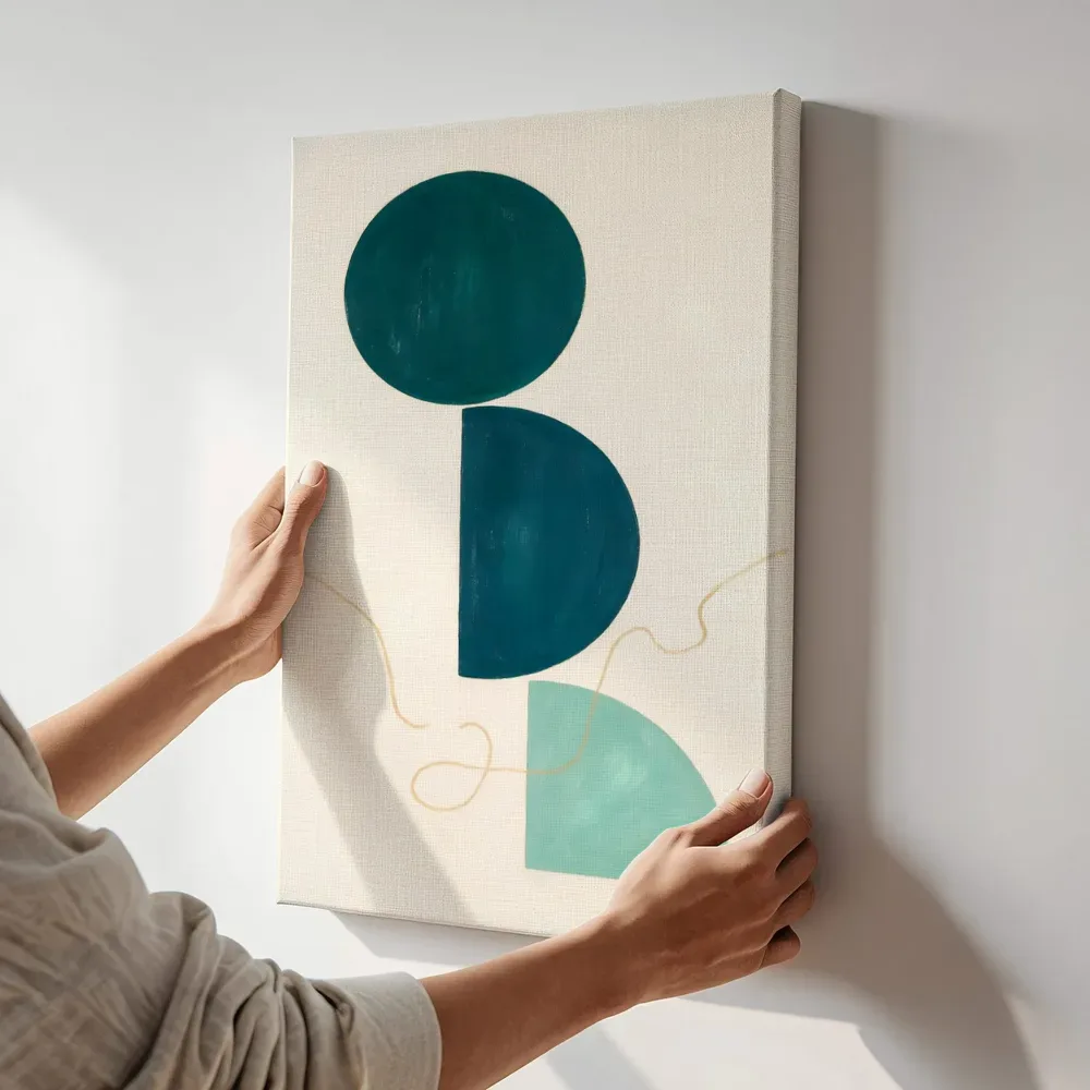 Sfeerimpressie: Totem Geometric Earth in petrolblauw terwijl het aan de muur wordt gehangen