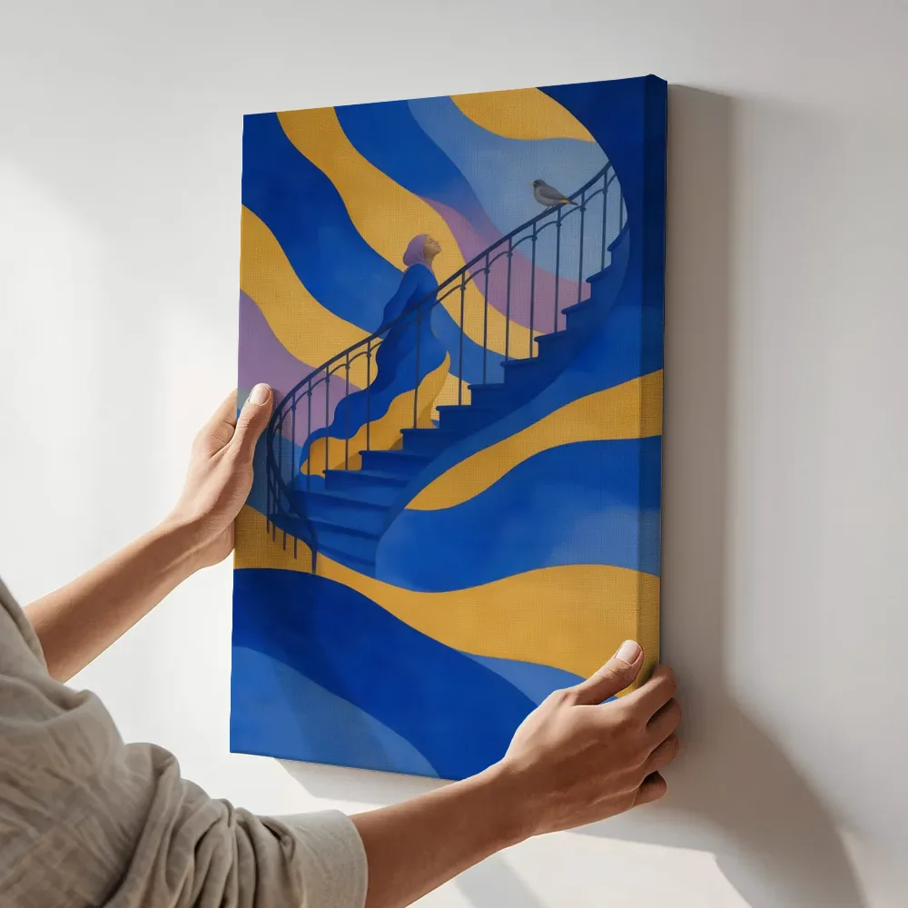 Sfeerimpressie: Trap in kobalt en saffraan terwijl het aan de muur wordt gehangen