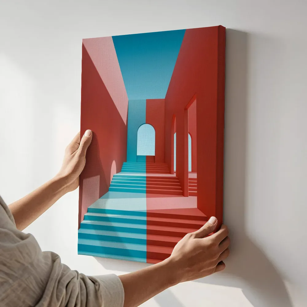 Sfeerimpressie: Trap in rood en blauw contrast terwijl het aan de muur wordt gehangen