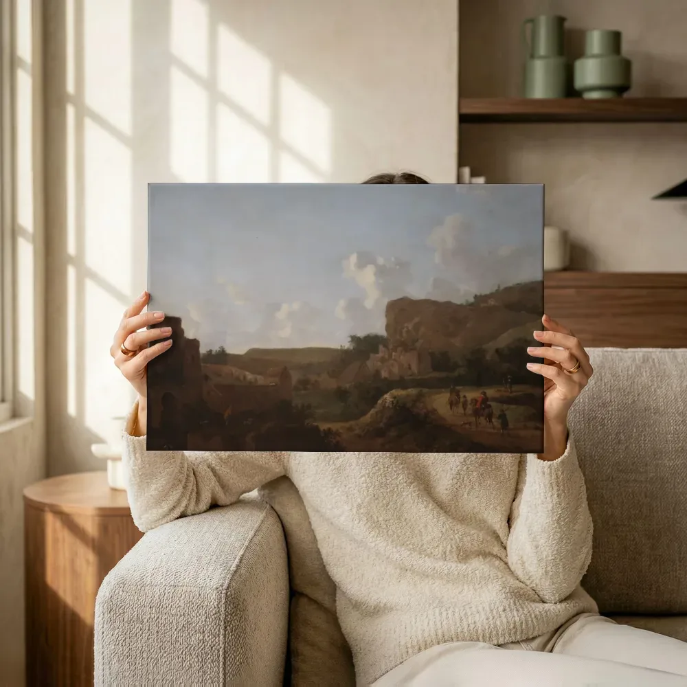 Sfeerimpressie: Reizigers in een heuvelachtig landschap van Jan van der Heyden terwijl het omhoog wordt gehouden