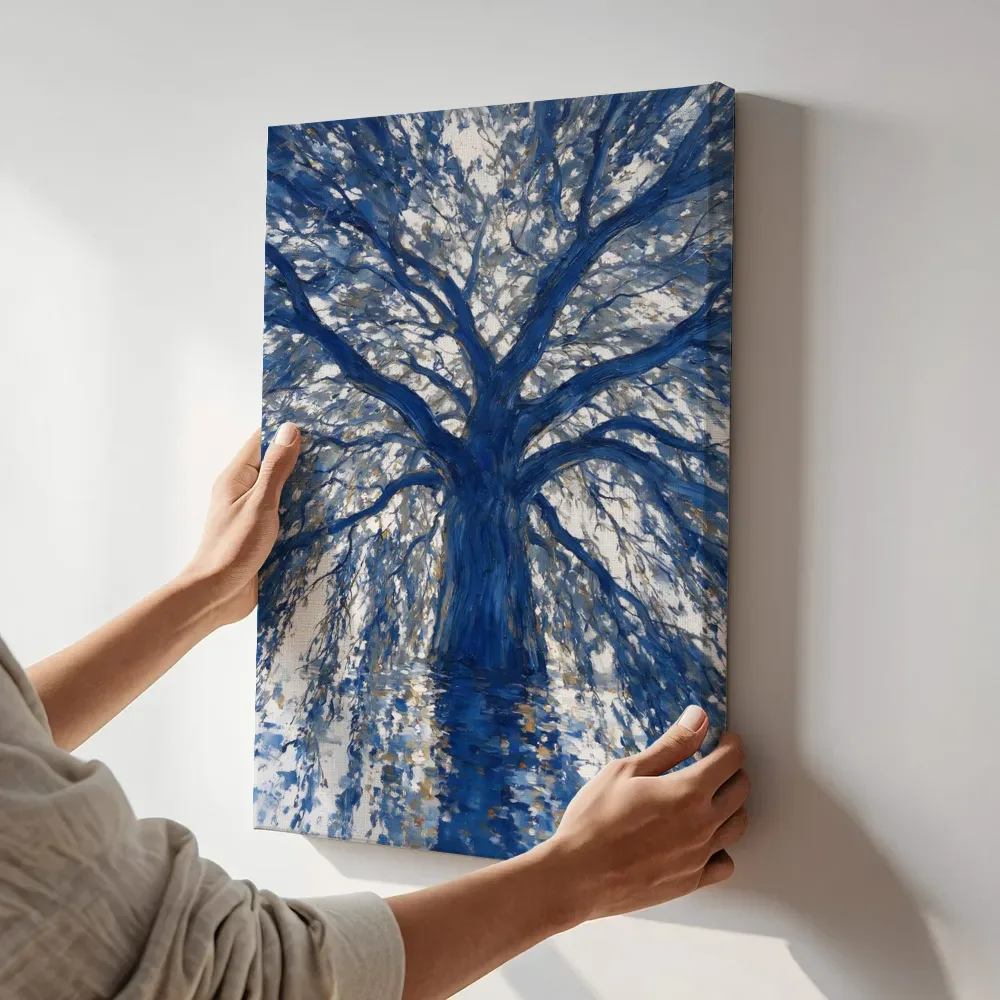 Sfeerimpressie: Treurwilg onderaf in delftsblauw terwijl het aan de muur wordt gehangen
