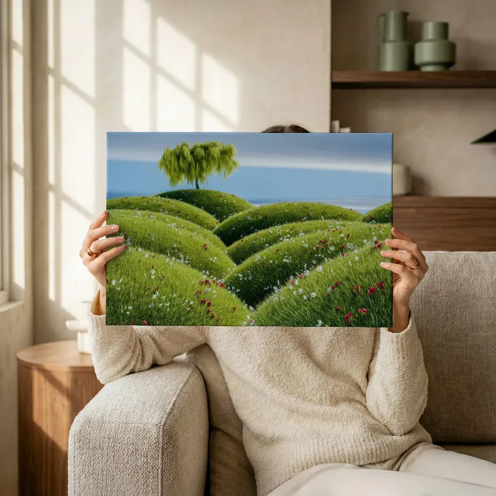 Sfeerimpressie: Treurwilg op glooiende groene heuvels terwijl het omhoog wordt gehouden