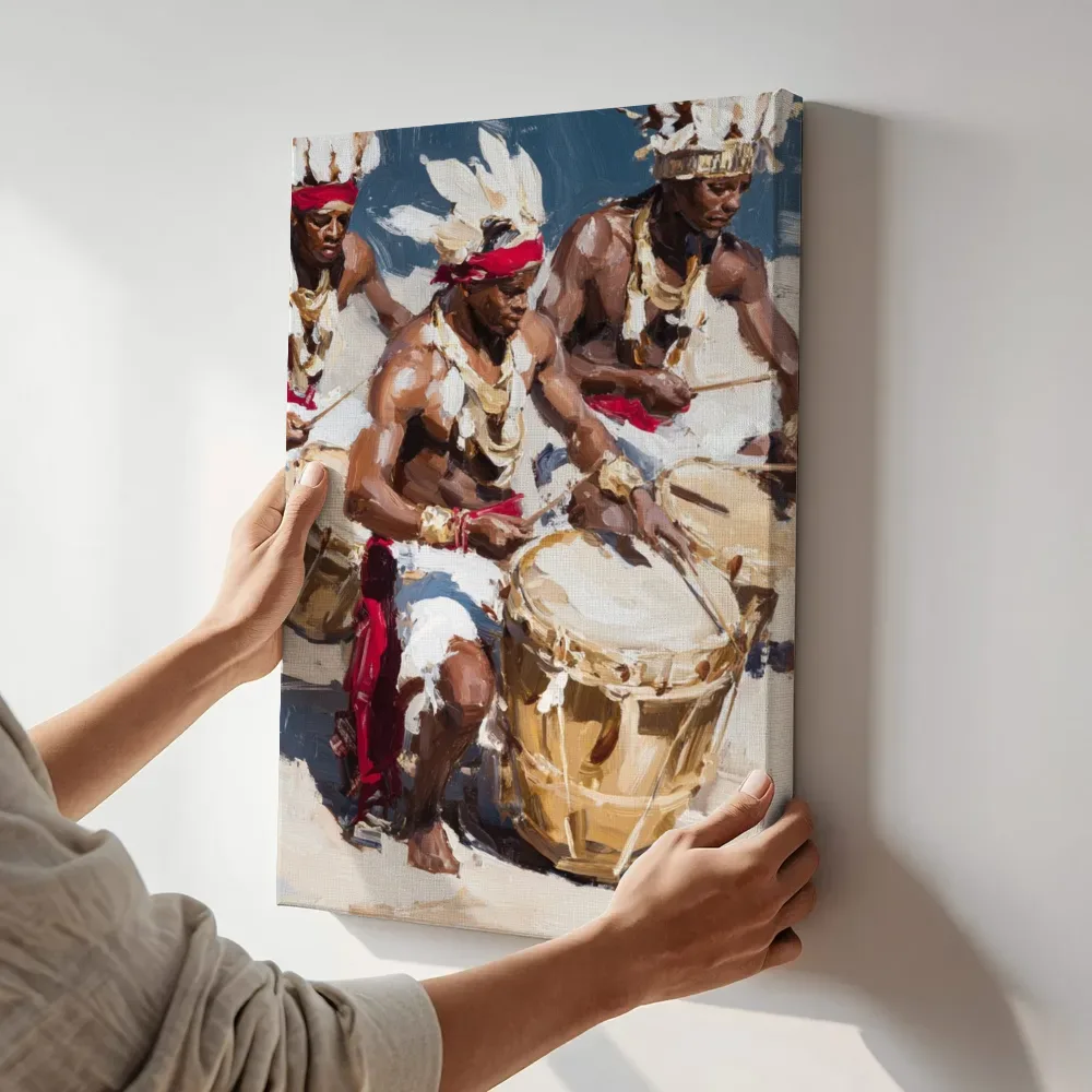 Sfeerimpressie: Trio trommelaars terwijl het aan de muur wordt gehangen
