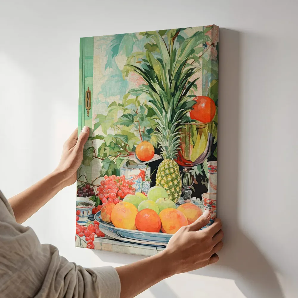 Sfeerimpressie: Tropisch stilleven met ananas terwijl het aan de muur wordt gehangen
