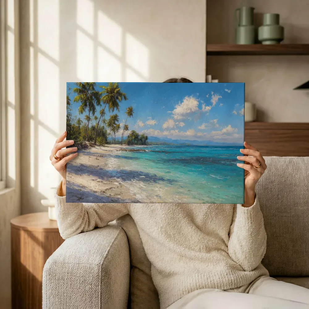 Sfeerimpressie: Tropisch strand met palmbomen terwijl het omhoog wordt gehouden