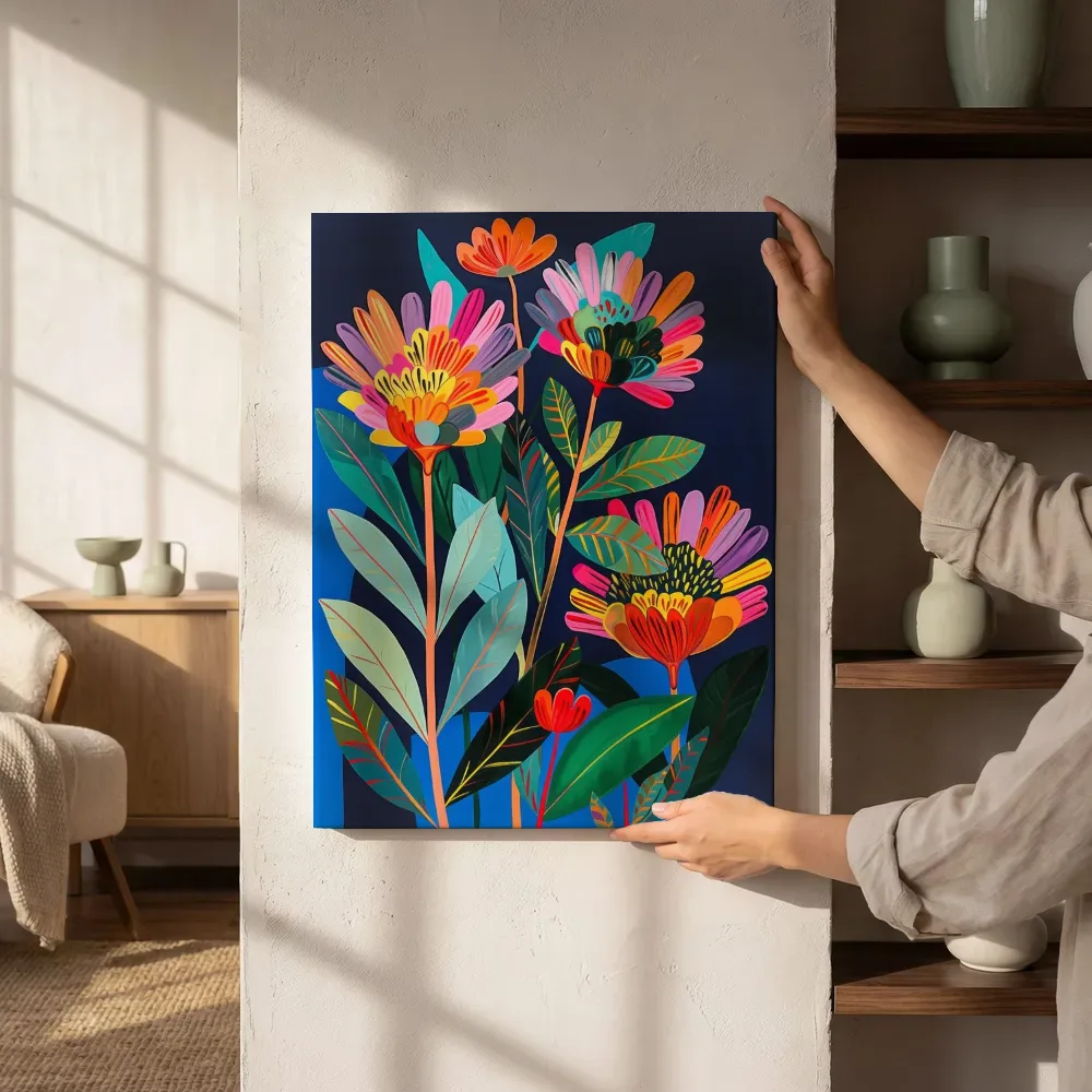 Sfeerimpressie: Tropische bloemen op blauw naast de kast